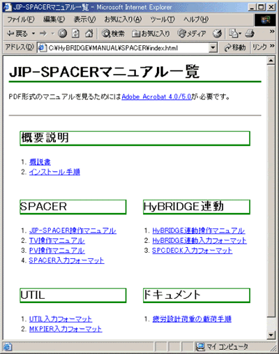 JIP-SPACERマニュアル一覧を表示したキャプチャ画像